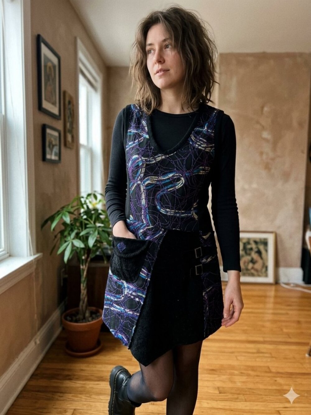 Papillon black/purple chain link pattern fabric tunic with asymmetric hem
